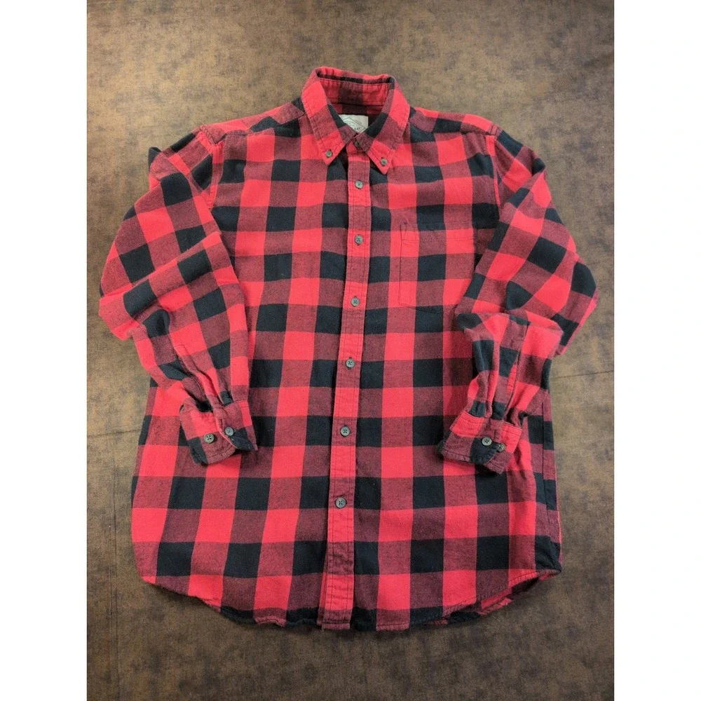 St Johns Bay Mens Small Red Black Buffalo Check Flannel Button Down Shirt Cotton